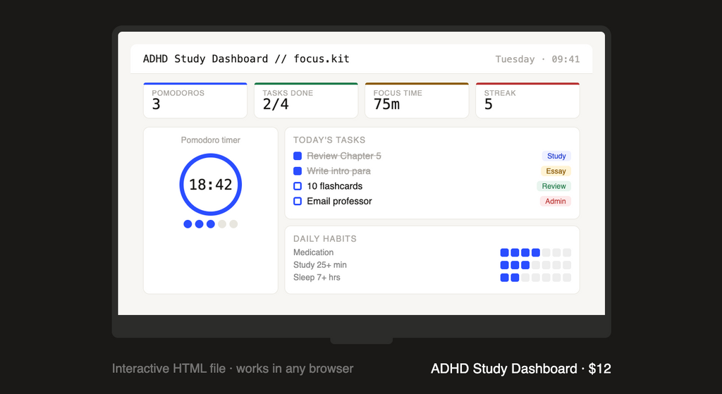 ADHD Study Dashboard — Interactive Digital Tool | Pomodoro Timer + Task Tracker