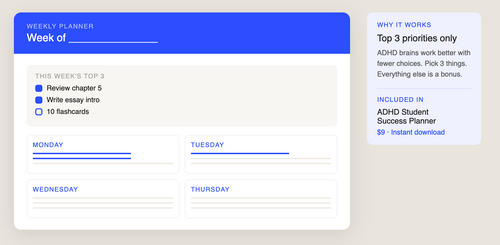 ADHD Student Success Planner — Printable PDF | Study Planner