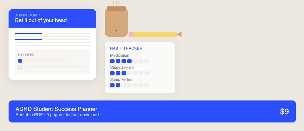 ADHD Student Success Planner — Printable PDF | Study Planner