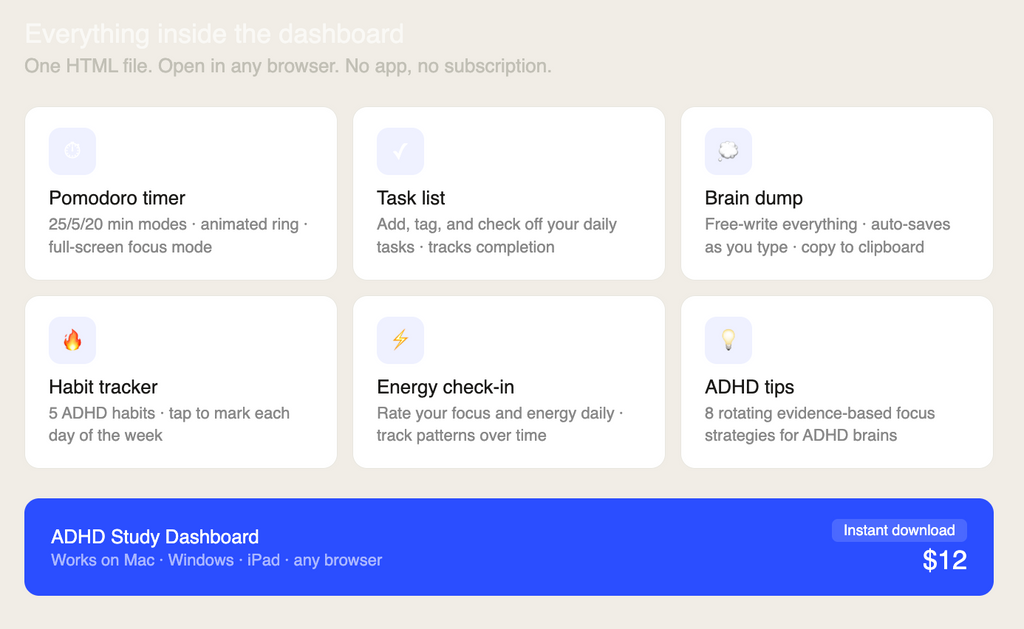 ADHD Study Dashboard — Interactive Digital Tool | Pomodoro Timer + Task Tracker
