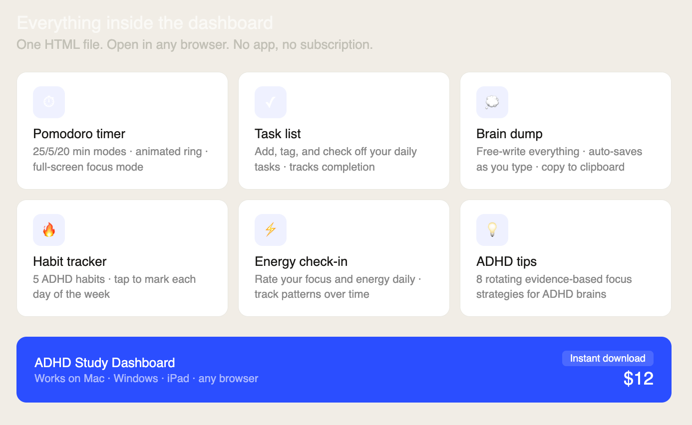 ADHD Study Dashboard — Interactive Digital Tool | Pomodoro Timer + Task Tracker