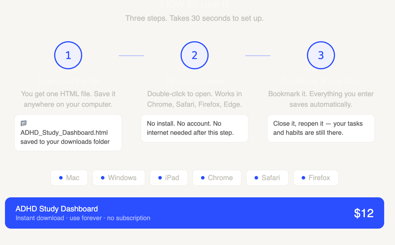 ADHD Study Dashboard — Interactive Digital Tool | Pomodoro Timer + Task Tracker