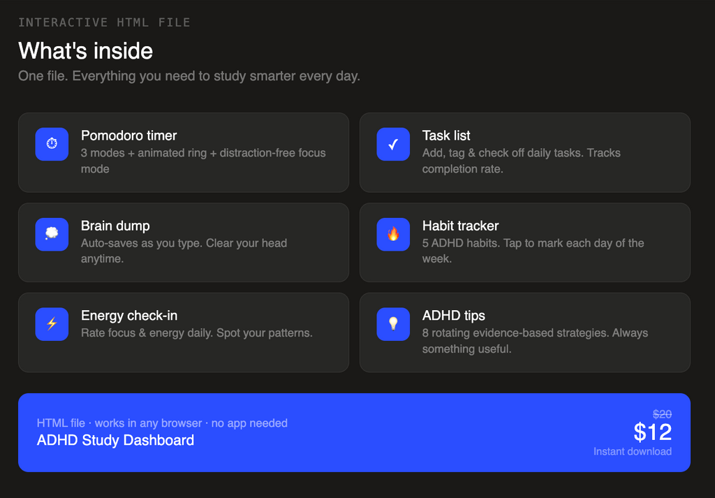 ADHD Study Dashboard — Interactive Digital Tool | Pomodoro Timer + Task Tracker