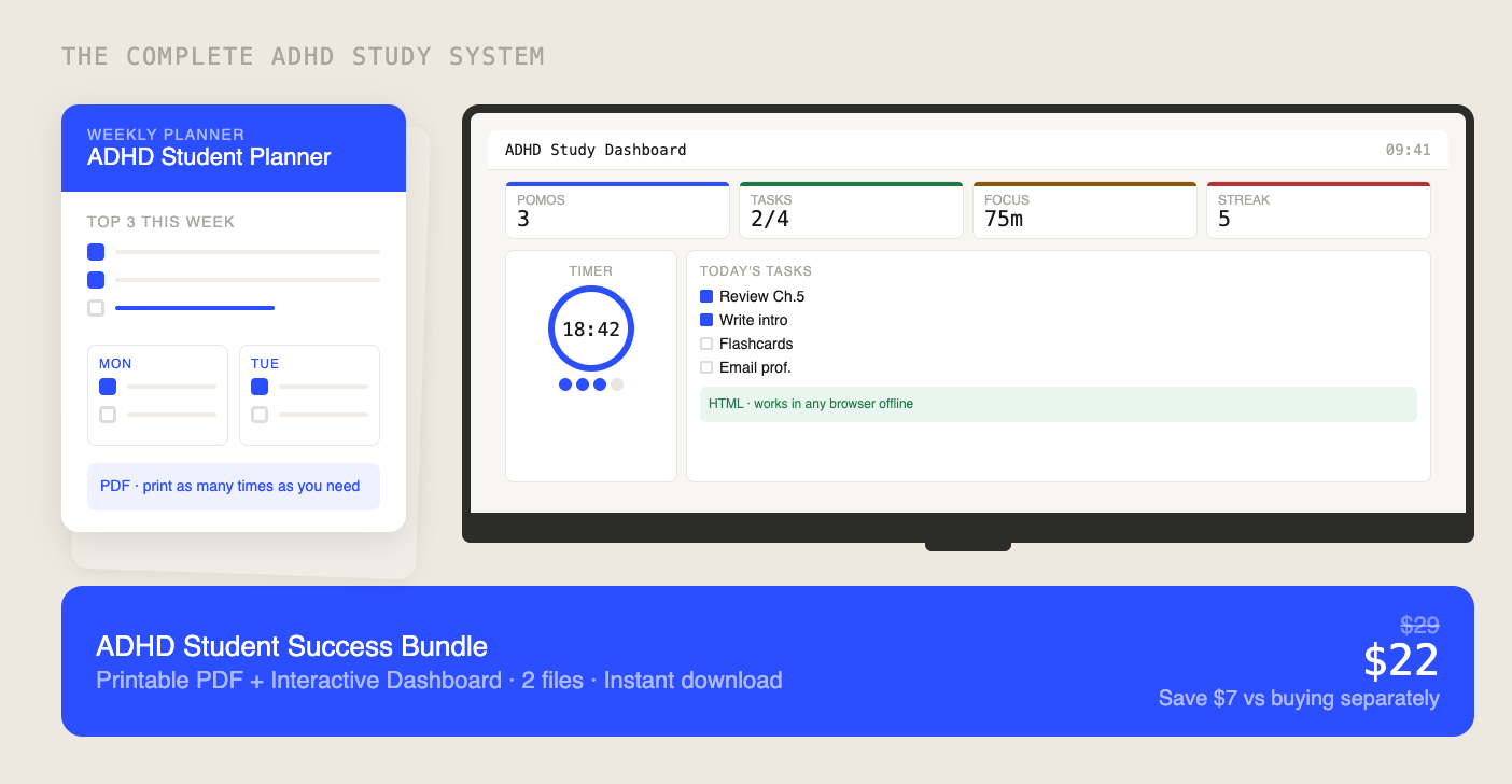 Student Success Bundle | Printable Planner PDF + Interactive Study Dashboard