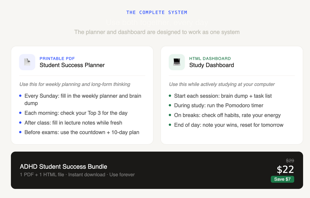 Student Success Bundle | Printable Planner PDF + Interactive Study Dashboard